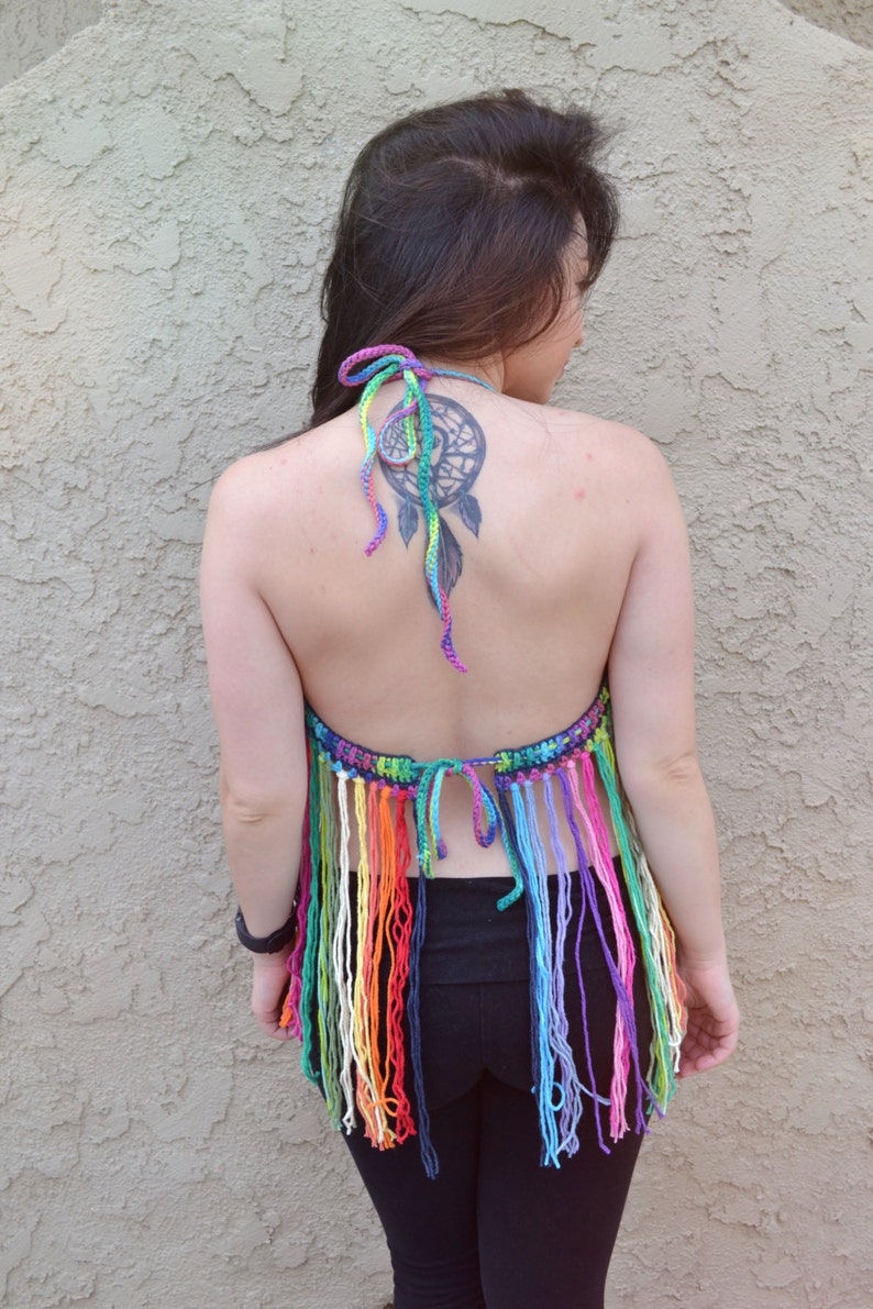 Rainbow Halter Top Crochet Top Fringe Top Festival Top Bikini Top Hippie Top Bohemian Summer Fashion image 4