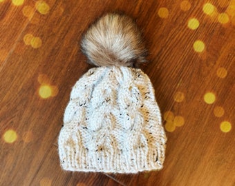Cable Knit Fur Pom Pom Winter Hat - Detachable Faux Fur Pom Pom Knit Beanie Hat - Trendy Stylish Warm Unisex Fur Pom Pom Hat