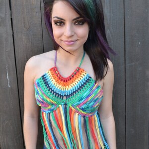 Reversible Rainbow Crochet Halter Top with Fringes Festival Top Hippie Top Bikini Top Summer Fashion image 2
