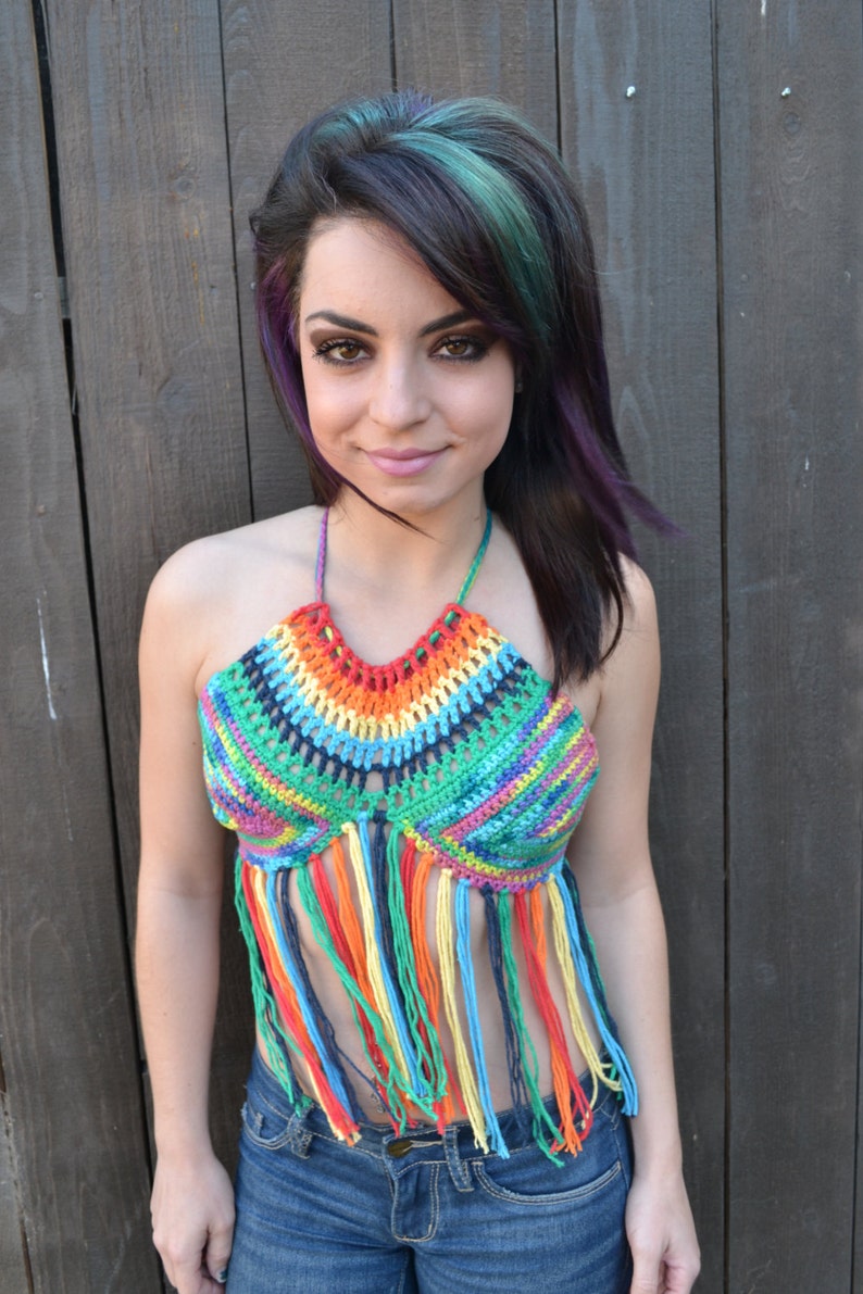 Reversible Rainbow Crochet Halter Top with Fringes Festival Top Hippie Top Bikini Top Summer Fashion image 2