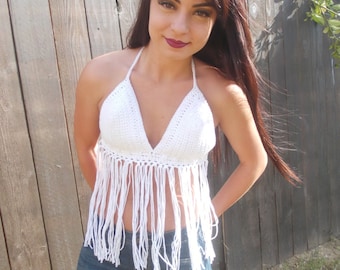 Crochet Halter Top - Crochet Bikini Top - Fringe Top - Festival Top - Summer Fashion - Beach Wear