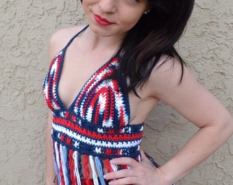 Red White Blue Crochet Halter Top - Patriotic Top - 4th of July - American Flag Top - Festival Top - Hippie - Bohemian - Summer Fashion