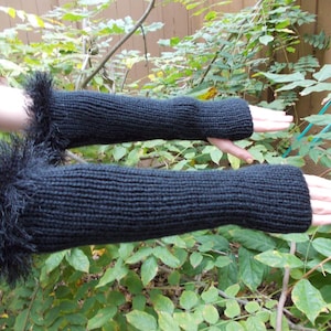 Long Black Hand Knitted Fingerless Gloves - Arm Warmer with Furry Edge - Winter Fashion - Vegan Friendly