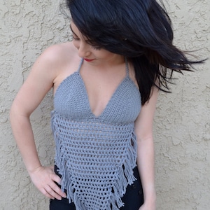 Crochet Triangle Halter Top with Fringes - Crochet Bikini Top - Summer Fashion - Festival Top - Hippie Top - Can Be Made In Any Color