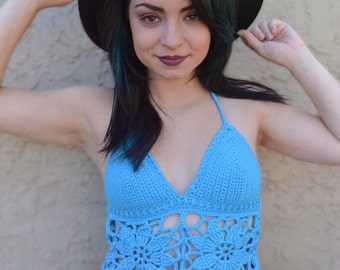 Crochet Lace Halter Top - Flower Halter Top - Granny Quare Top - Crop Top  - Festival Top - Hippie Top - Summer Fashion