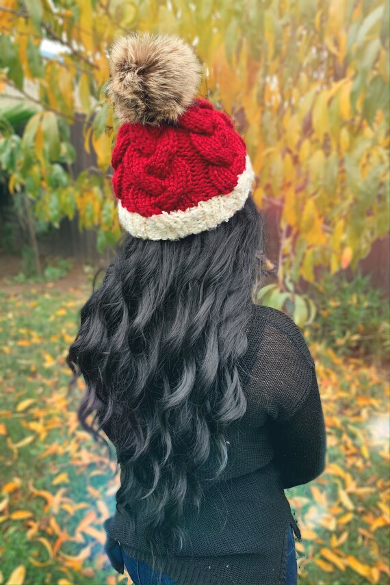 Cable Knit Fur Pom Pom Winter Hat - Detachable Faux Fur Pom Pom