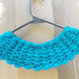 May include: A teal blue crocheted collar with a scalloped edge.