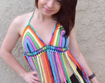 Rainbow Halter Top - Crochet Top - Fringe Top - Festival Top - Bikini Top - Hippie Top -  Bohemian - Summer Fashion