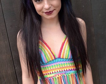 Crochet Rainbow Fringe Top  - Hippie Top - Halter Top - Bikini Top - Festival Top - Custom Orders