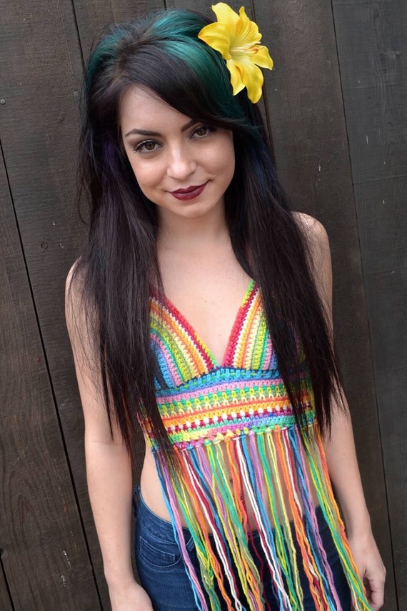Crochet Rainbow Fringe Top Hippie Top Halter Top Bikini Etsy