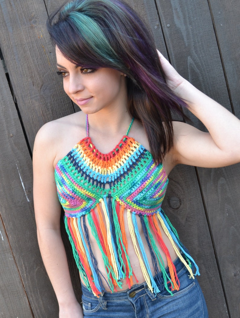 Reversible Rainbow Crochet Halter Top with Fringes Festival Top Hippie Top Bikini Top Summer Fashion image 1