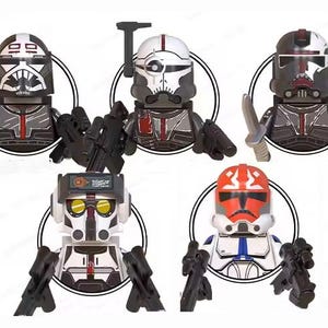 May include: Five Lego minifigures from Star Wars: The Bad Batch. Each figure is in a black circle and has a unique helmet design, with weapons including blasters and knives. The figures are primarily white, gray, and black, with red and orange accents.