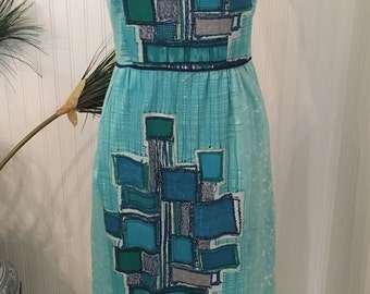 Classic Style Blue Ferns Muumuu With Black Ruffle / 464
