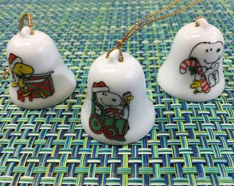 1965 Set Of 3 Mini Ceramic Snoopy Christmas Bell Ornaments Snoopy With Candy Cane Bell Snoopy On Train Bell Woodstock Opening Present 1965 Set Of 3 Mini Ceramic Snoopy Christmas Bell Ornaments Snoopy With Candy Cane Bell Snoopy On Train Bell Woodstock Opening Present