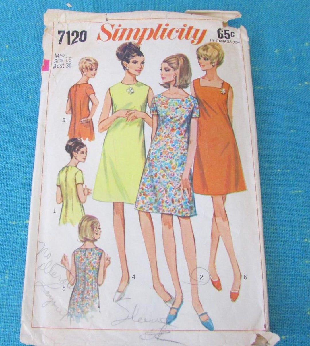 1967 Simplicity Sewing Pattern 7120 Misses Collarless A Line Dress W 3 ...