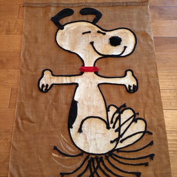 Vintage Handmade Brown Burlap Snoopy Wall Hanging 40" w x 55" L - Charlie Brown character, Snoopy art, Snoopy wall hanging, happy dog