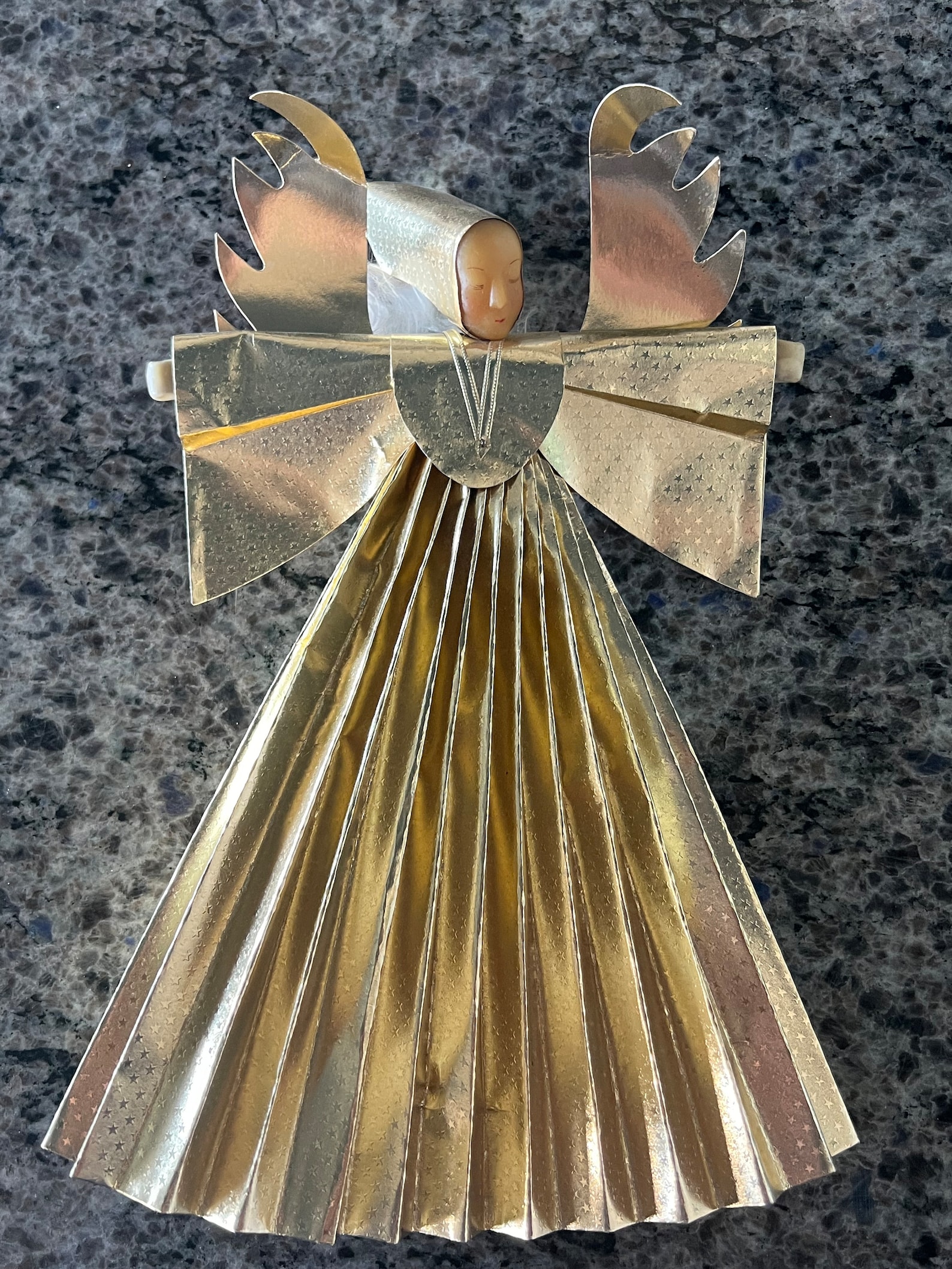 Antique German “Koestal”? Gold Foil Accordian Wax Face Angel Tree Topper 14” tall- wax Angel tree topper, German Christmas, gold angel decor