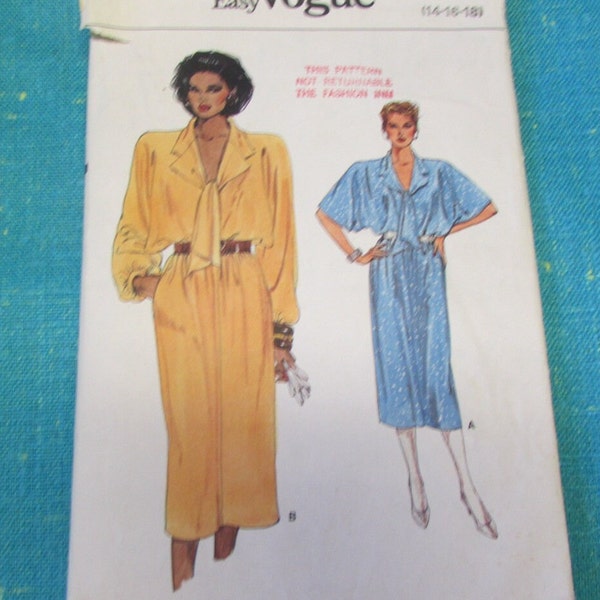 1985 Very Easy Vogue Sewing Pattern 9206 Misses Pullover Loose Blouson Bodice Straight Skirt Dress, Size 14-18, cut - 1980s blouson dress