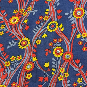 Vintage Blue yellow and Red Floral Pattern Cotton Linen Fabric 42” w x BTY- drapery fabric, quilting fabric, clothing fabric