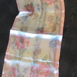 Vintage 1980&#39;s LAVAR Oblong Polyester Striped semi-Sheer Pink & Sage Green Floral Specks of Gold Scarf; 60&quot; X 13&quot;,  Lavar scarf, head scarf