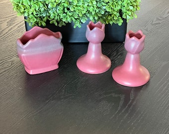 U CHOOSE~ Vintage Van Briggle Colorado Springs Persian Rose Mulberry Matte Ceramic Set of 2 Tulip Candleholders OR Scalloped Pillow Vase
