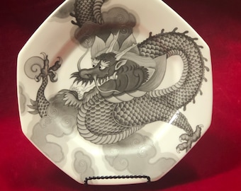 Mikasa Mythology Onyx Black Dragon Octagonal Luncheon / Salad / Appetizer Plate 8 1/2"~ dragon plate, Mikasa octagonal plate, Mythology onyx