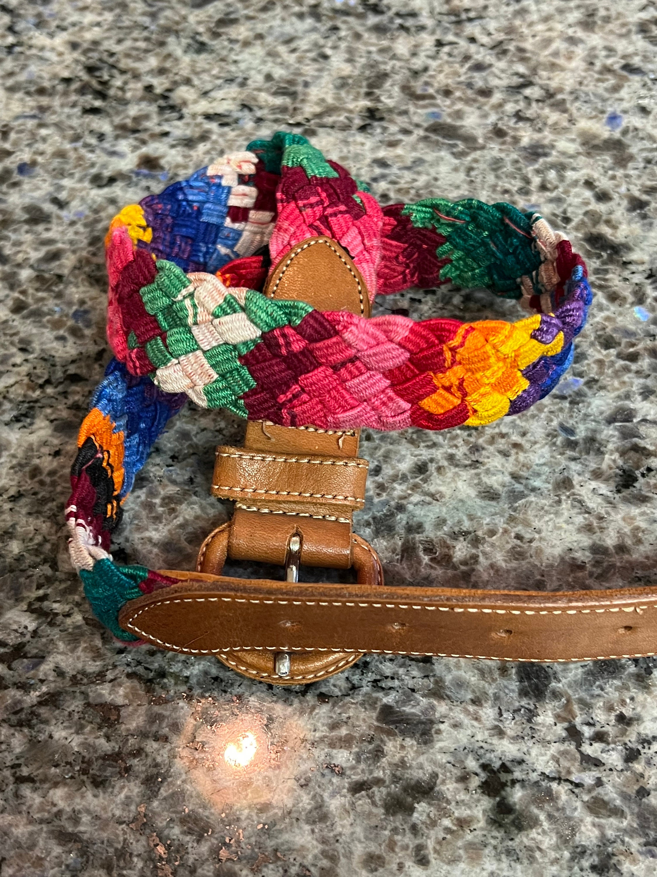Vintage Womens Multi-colored Rainbow Braided Guatemalan Woven Fabric Belt  w/Leather Size 28- ethnic boho belt, hippie belt, braided belt