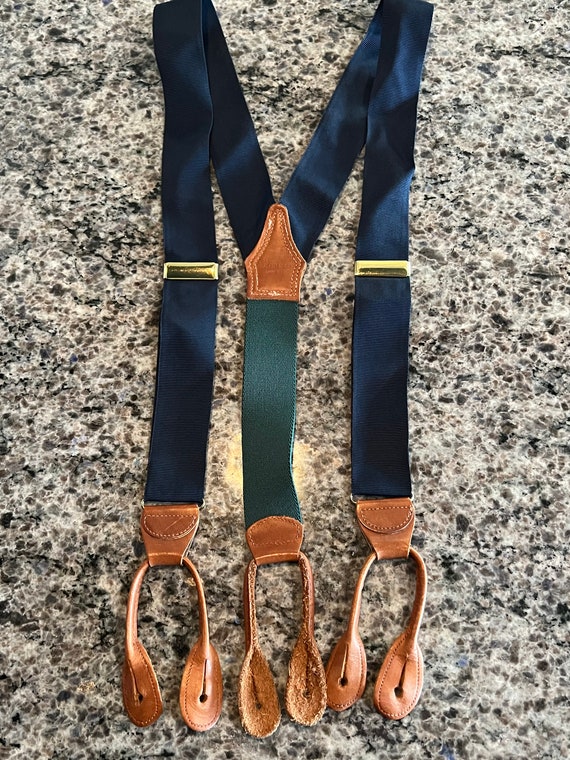 Ralph Lauren Polo Mens Navy Blue Silk & Green Y Back Suspenders With Button  Loops Solid Brass Clips-silk Suspenders, RL Suspenders 