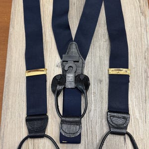 NOS Navy Blue Woven Suspenders Braces with Black Leather loops Gold clips Made in England ~ navy blue suspenders, woven blue braces