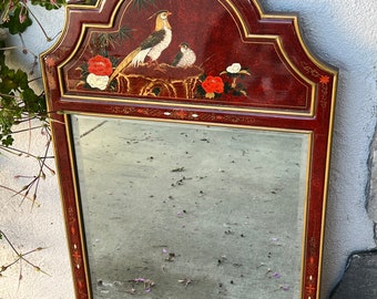 Asian Chinoiserie Red Painted Wall Mirror w/Pheasant Birds & Flowers Painted  ~ Asian decor, Asian red mirror, entry way mirror, Chinoiserie