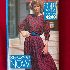 1989 Butterick See & Sew Sewing Pattern 4260 Misses Loose Fitting Blouson Dress with shoulder Pads, Size 16-24, Uncut~ dolman sleeve dress