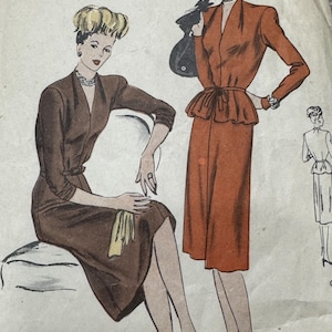 May include: Vintage sewing pattern featuring illustrations of women in stylish 1940s attire. The drawings depict a brown dress with a belt and a rust-colored suit with a peplum jacket. The word "PATTERN" is visible at the top.