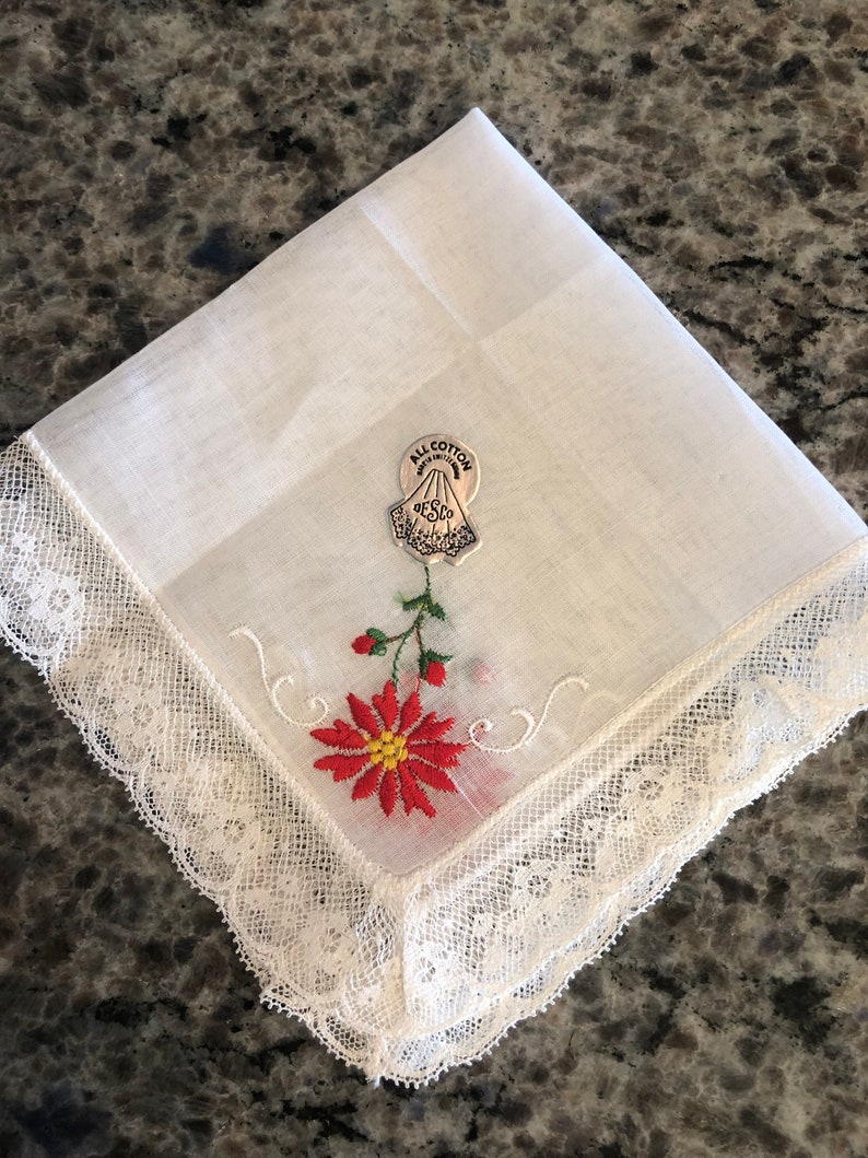 poinsettia Vintage DESCO Red Embroidered Poinsettia Holiday Christmas Handkererchief 11 Square Holiday hanky Christmas handkerchief