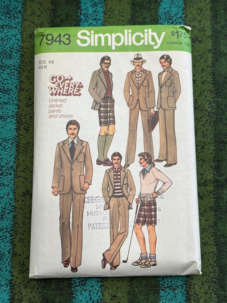 1977 Simplicity 7943 Men’s Sewing Pattern Unlined Suit Jacket, Pants ...