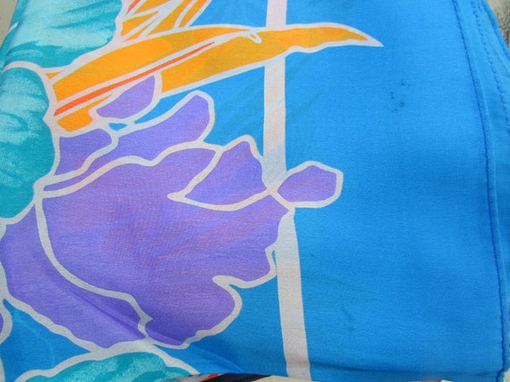 Vintage Aqua Blue Large Silk Hawaiian Floral Squa… - image 5