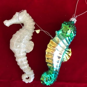 U CHOOSE~Vintage Seahorse Christmas Ornament Green Glass Seahorse Ornament 6" OR White Plastic Glitter ornament-seahorse ornament, beach