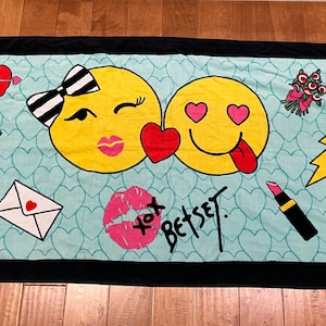RARE Betsey Johnson Beach towel with Yellow Happy Faces , Lipstick and Kiss Marks- Betsey Johnson, beach towel, boyfriend gift, girlfriend