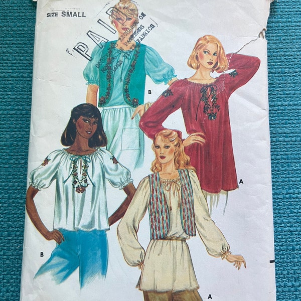 RARE 1970’s Butterick Sewing Pattern 3769 Misses Boho Elastic Neck Puff Sleeve Blouse with Cropped Vest Size 8-10 cut- boho blouse, hippie