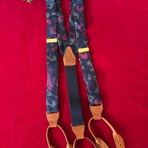 Vintage Navy Blue & Pink Print silk suspenders braces with Brown Leather Button Loops Good Clips~ paisley suspenders, print suspenders