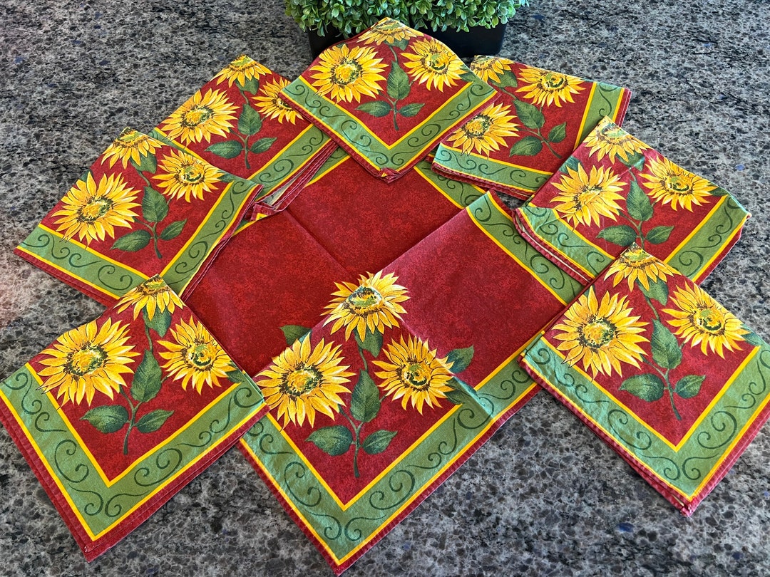 Set of 8 French Red and Yellow Sunflowers Cotton Cloth Napkins 16