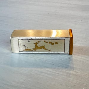 RARE Elgin American Gold & Silver Tone Metal Lipstick Case w/ “Flip” Mirror Etched Deer leaping front- vintage lipstick, lipstick collector