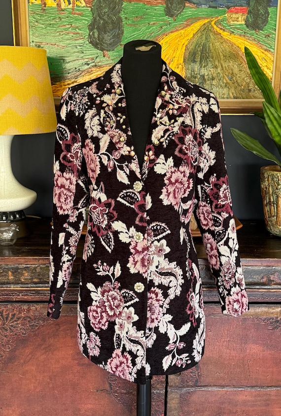 NWT Graver Women's Black Floral Tapestry Beaded Blazer Jacket Size 2- 8- evening blazer, tapestry jacket, tapestry blazer