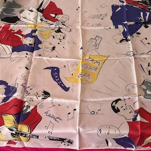 RARE Vintage 40/50&#39;s Music Themed Square Rayon Scarf &quot;Jam Sessions&quot; Teen-Age Embossed with Hand Rolled Hem 28&quot; Japan- 50&#39;S jazz scarf