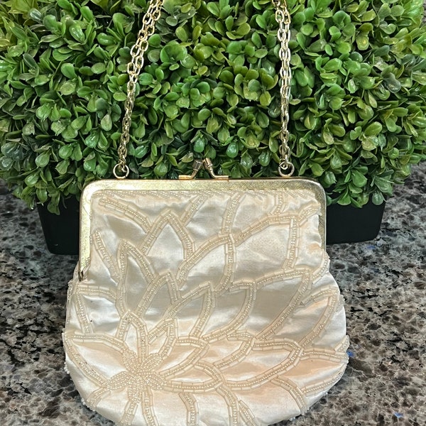 Vintage Beaded Off White Evening Handbag Purse Gold Metal Strap by Fine Arts Bag Hong Kong  -vintage evening bag, evening bag, beige bag