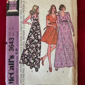 1973 Mccalls Sewing Pattern 3643 Misses Empire Waist Short or Long Boho Dress 3 Sleeve Variations Size 10 uncut~ tie back dress