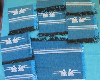 Vintage 8 Black & Blue Mexican Aztec Cotton Embroidered Napkins, Napkins 12" Square; Southwest decor, embroidered bird