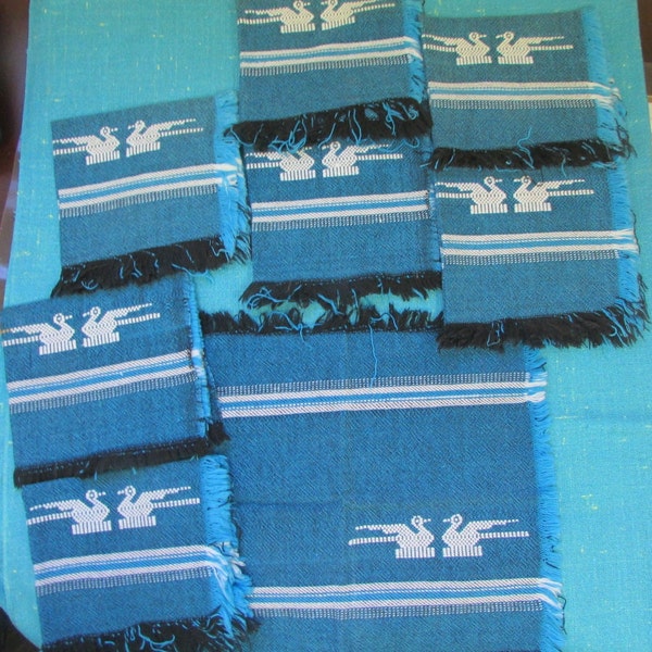 Vintage 8 Black & Blue Mexican Aztec Cotton Embroidered Napkins, Napkins 12" Square; Southwest decor, embroidered bird