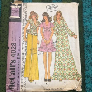 1974 Mccalls 4028 Misses V Neck Boho Hippie Dress Short or Long With Tie Back Ruffle Hem Size 16 Cut- Hippie Dress Pattern