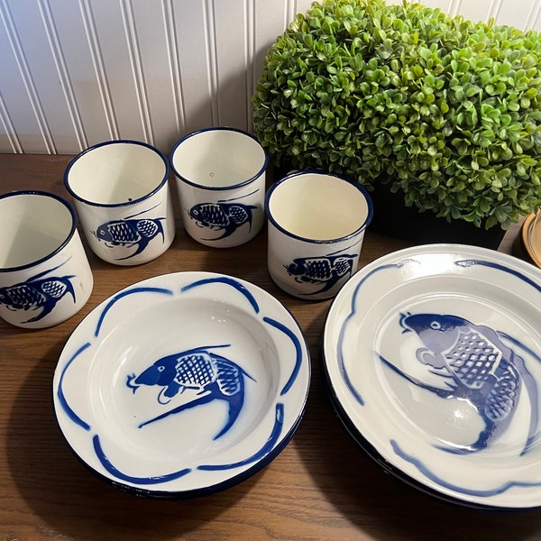 Vintage Blue & White Koi Fish Enamelware Set of 4 3 Pc Place Settings Plus 4 Extra Dinner Plates- camping plates, koi fish plates