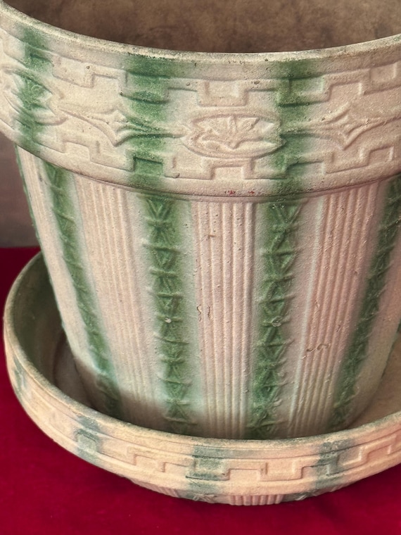 RARE 1920's Antique Burley Winter Pottery Cream Green Striped Planter Pot  With Saucer Crooksville OH 9 1/2" High NO 9?~ American Pottery - Etsy